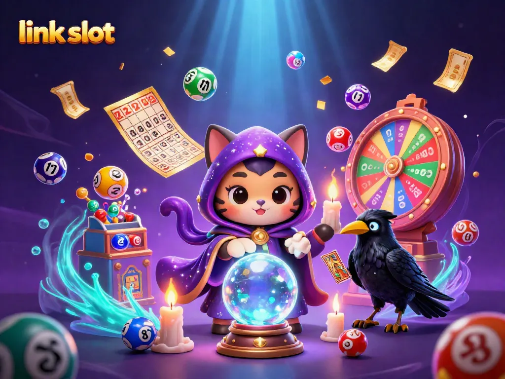 Menangkan permainan dengan link slot di gim kasino, dikelilingi simbol berwarna-warni.