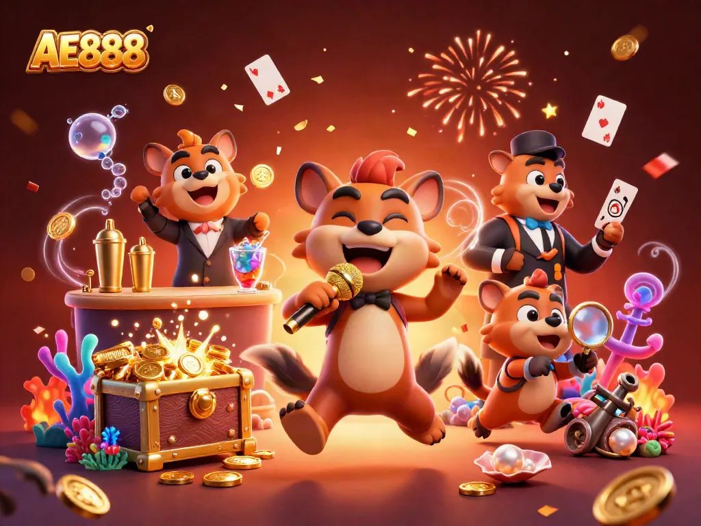 Experience the thrilling comedy of AE888 with hyenas at a vibrant casino surrounded by treasures.