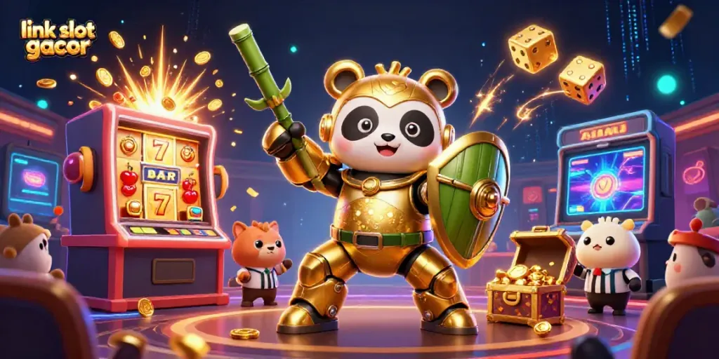 Menggunakan link slot gacor dan simbol jackpot, ilustrasi kasino digital dengan panda robot yang menghibur.
