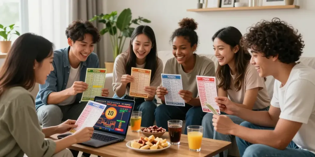 Teman-teman bersenang-senang bermain dewitogel di ruang tamu yang nyaman, dikelilingi camilan dan strategi taruhan.