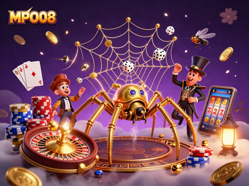 MPO08 showcases a dynamic 3D steampunk spider scene, capturing golden coins and poker elements.
