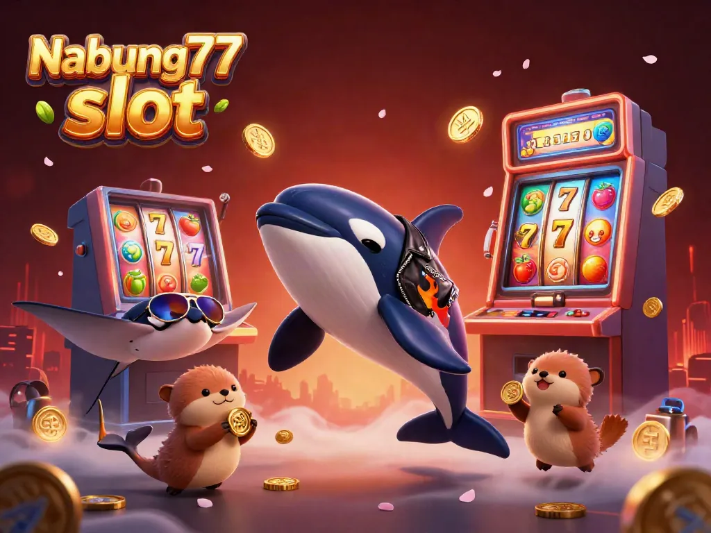 Permainan slot Nabung77 slot dimeriahkan oleh paus orca dan ikan pari, sambil menampilkan simbol jackpot dan koin emas.