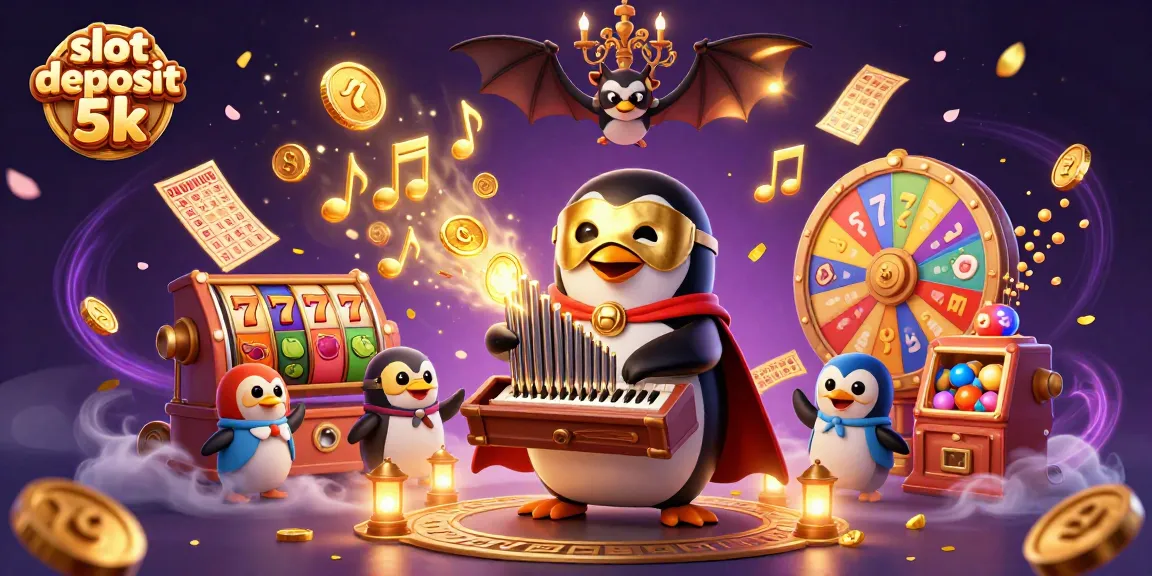 Experience the thrill of the slot deposit 5k with vibrant 3D casino elements like jackpot symbols and golden tickets.
