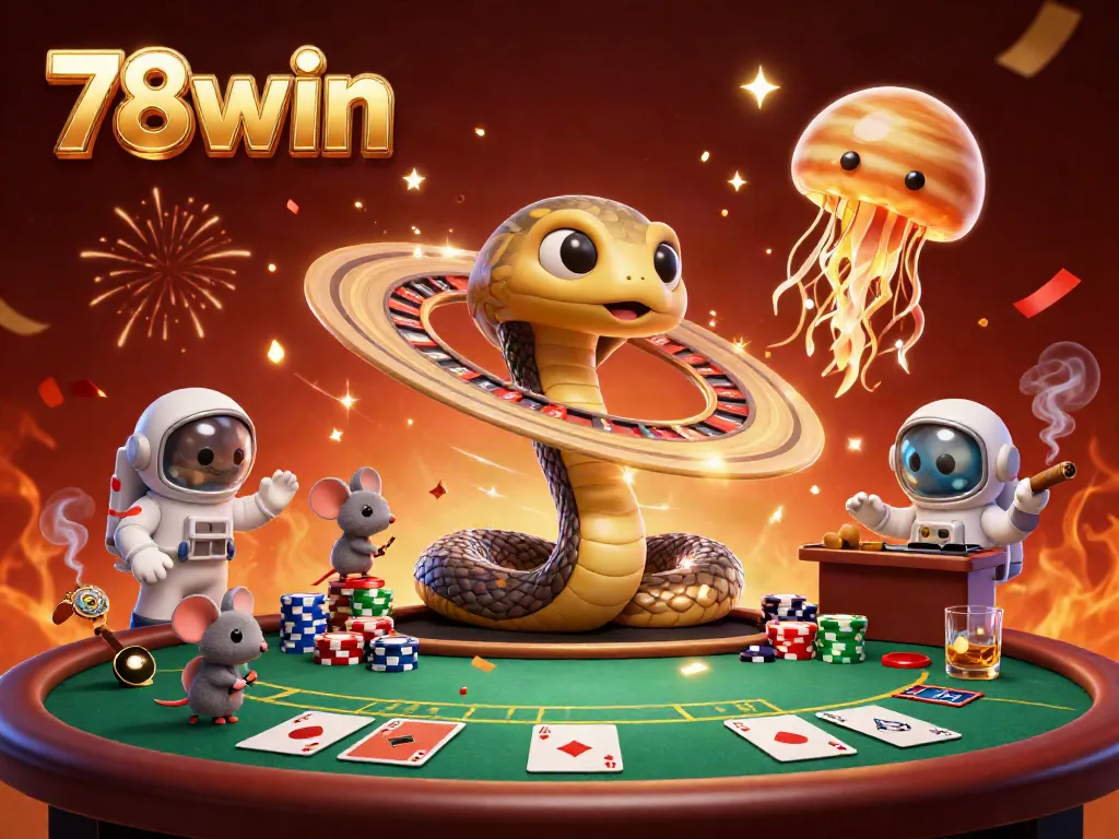 78win captures the excitement of gambling with a cosmic casino scene featuring playful astronauts and rich game elements.