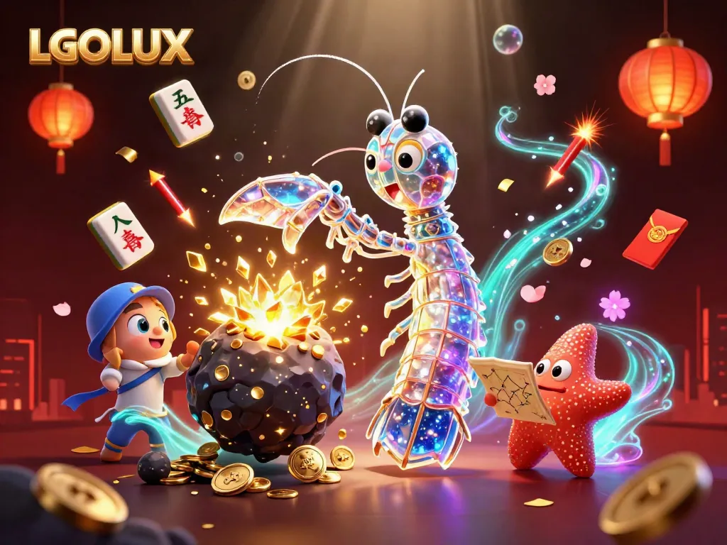 Engage with gaming excitement at LGOLUX with dynamic visuals of samurai shrimp and treasure explosions.