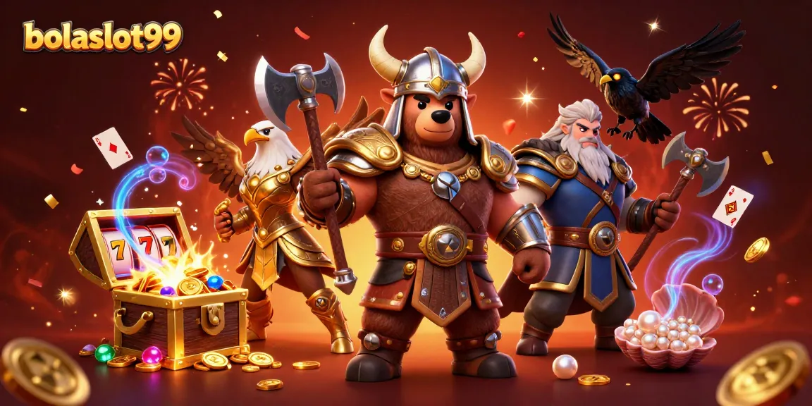 Bolaslot99 features a Viking bear and Valkyrie eagle in a thrilling casino scene full of slot reels.