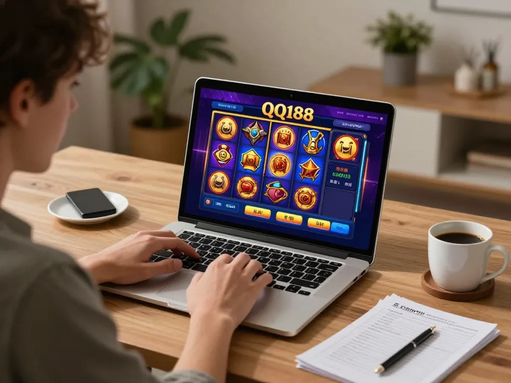 Pemain yang terlibat menikmati pengalaman QQ188 Slot di laptop di rumah, menampilkan pengaturan permainan yang strategis.
