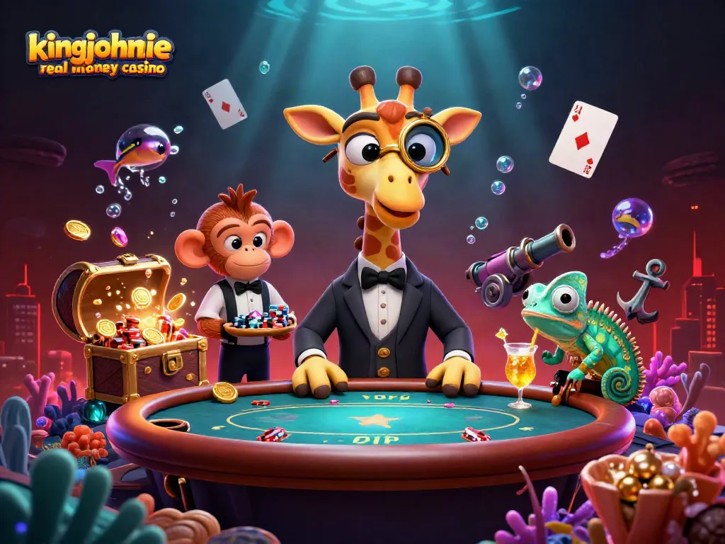 Experience kingjohnnie real money casino with vibrant characters and rich gaming elements in an underwater scene