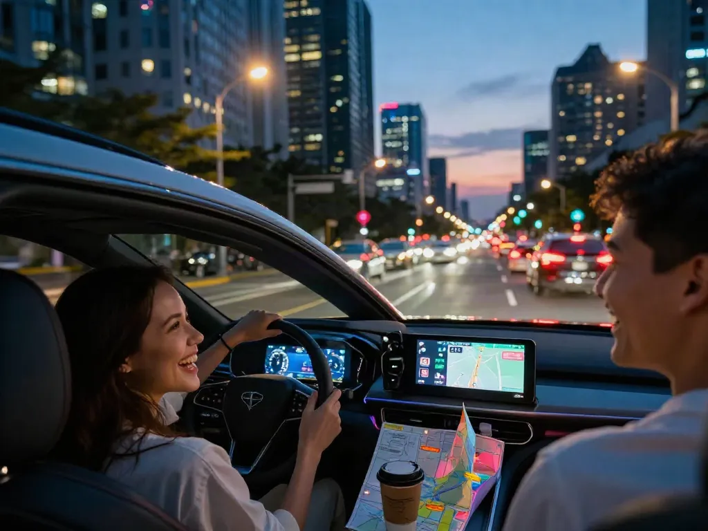 Gambaran pasangan muda dalam mobil stylish di jalan kota saat senja, dengan kata kunci pecah25 terlihat pada rute perjalanan mereka.