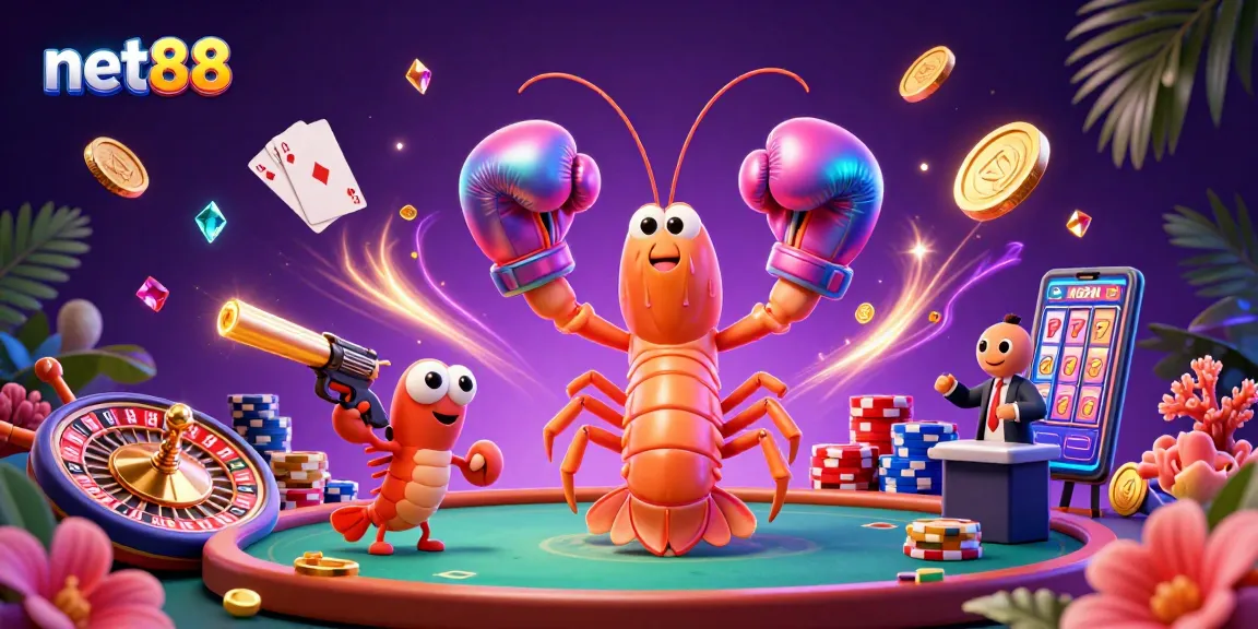 Experience thrilling gaming with net88 as the mantis shrimp and shrimp sidekick celebrate amidst swirling coins and spinning roulette.