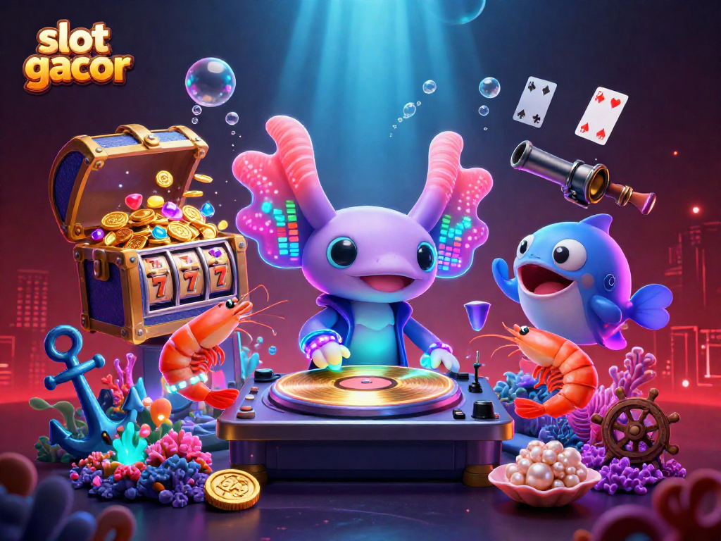 Engage with slot gacor gameplay in this vibrant underwater casino scene featuring dynamic characters and elements.