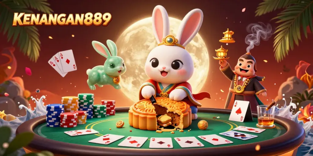 Play exciting games at KENANGAN889, where moon rabbits reveal poker chips and vibrant casino action unfolds.