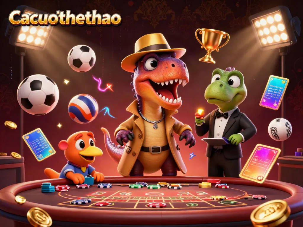 Cacuocthethao showcases a dynamic 3D scene of a velociraptor card counter at a blackjack table amidst flying sports elements.