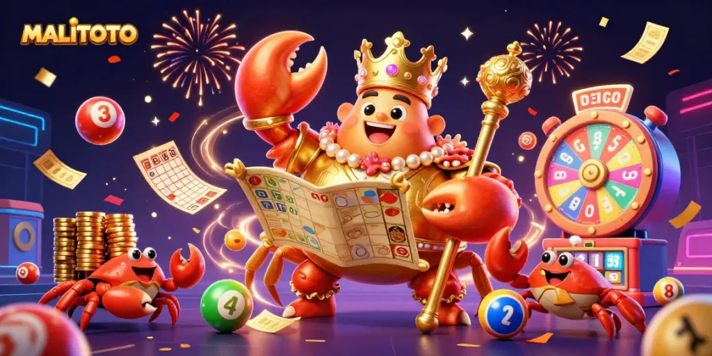 MALITOTO showcases a vibrant online casino scene with a majestic crab emperor and gaming elements.