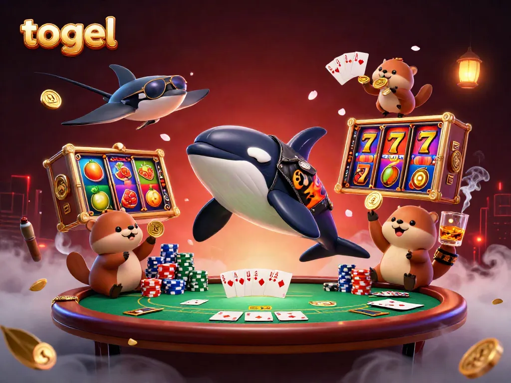 Permainan togel menegangkan dengan penyu dan ikan lumba-lumba, dikelilingi oleh simbol kasino yang glamor.