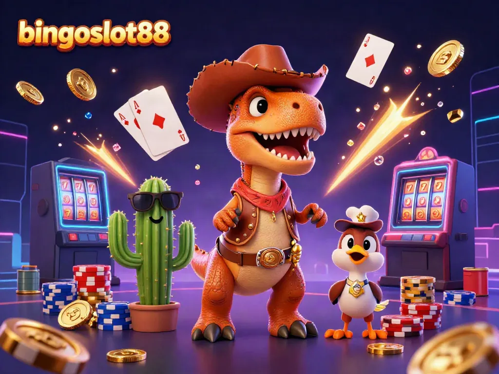 Gambarkan keseruan bingoslot88 dengan dinosaurus cowboy dan teman-teman kasino yang unik!