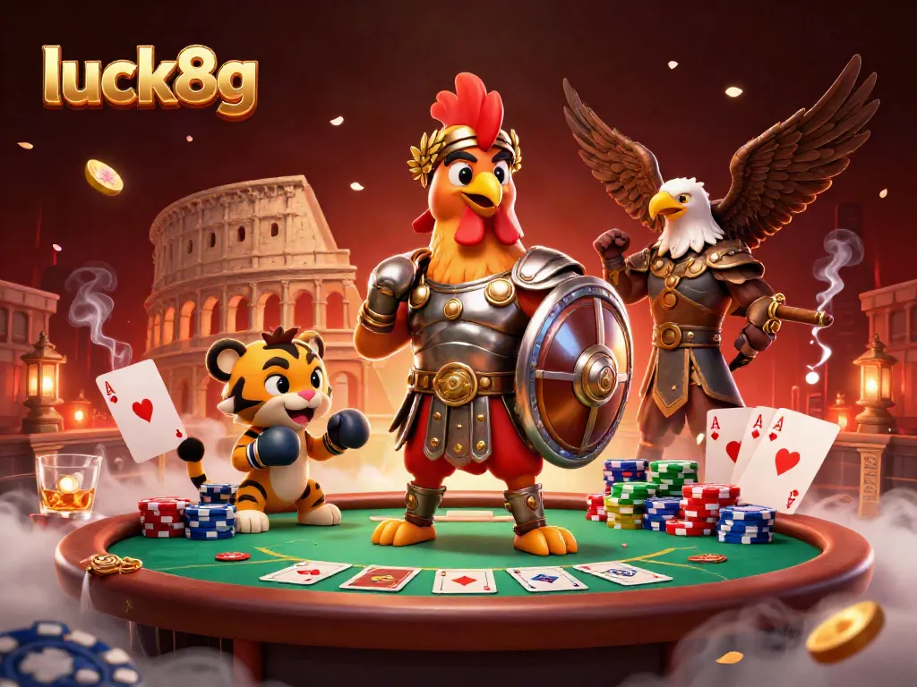 Experience the excitement of luck8g at an online casino with a gladiator rooster and poker atmosphere.