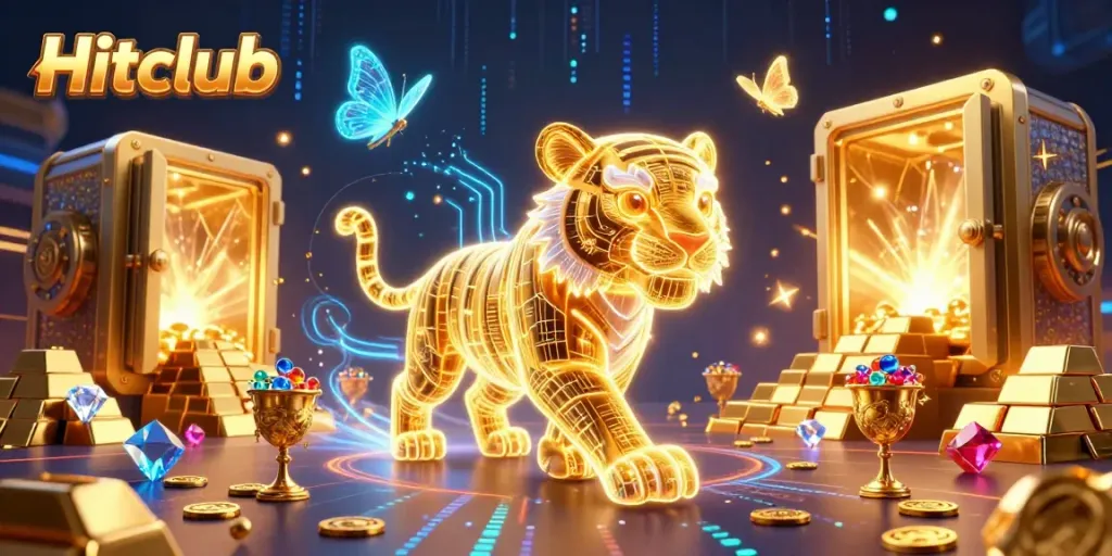 Immerse in the dynamic casino world of Hitclub with a neon-wireframe tiger amid treasures.