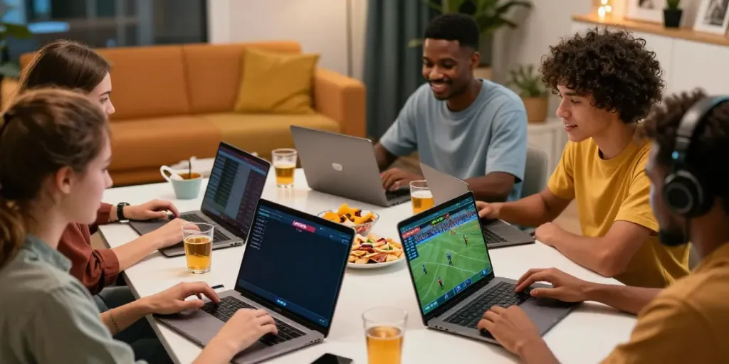 Engaging social betting scene featuring kantorbola platform with friends using laptops and smartphones.