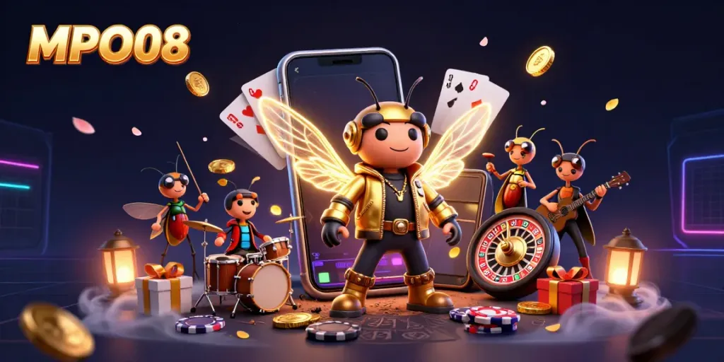 MPO08 showcases a vibrant casino scene with a cicada rock star and game elements, celebrating winning strategies.