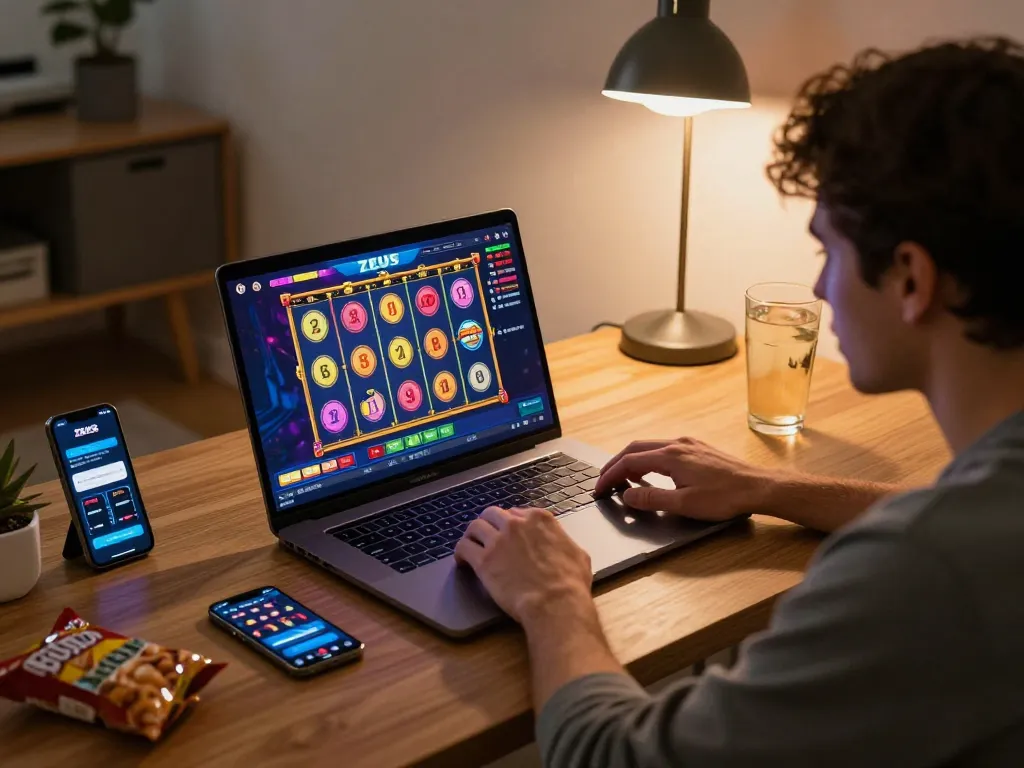 Player engaging with the zeus slot game on a laptop, showcasing a modern and cozy gaming environment.