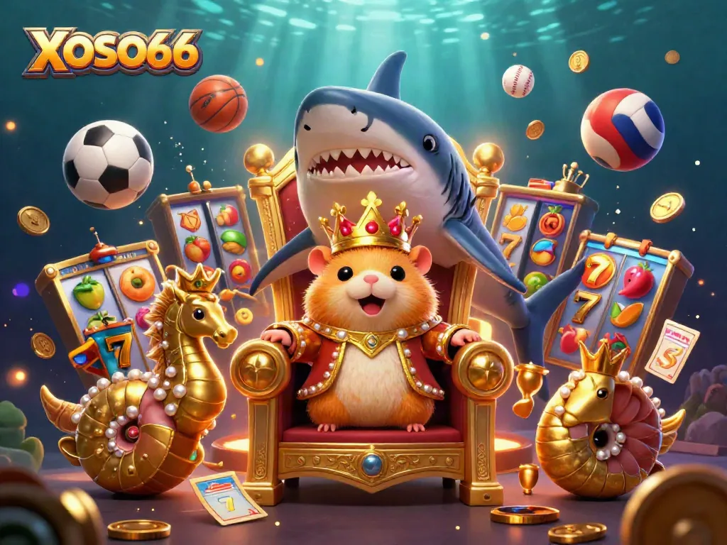 XOSO66 showcases a golden hamster king with seahorse guards in an energized casino setting filled with slot elements.