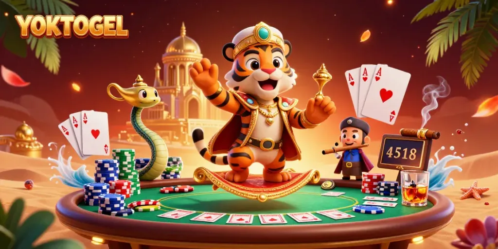 Experience winning thrills with YOKTOGEL's vibrant casino scene featuring a playful tiger sultan.