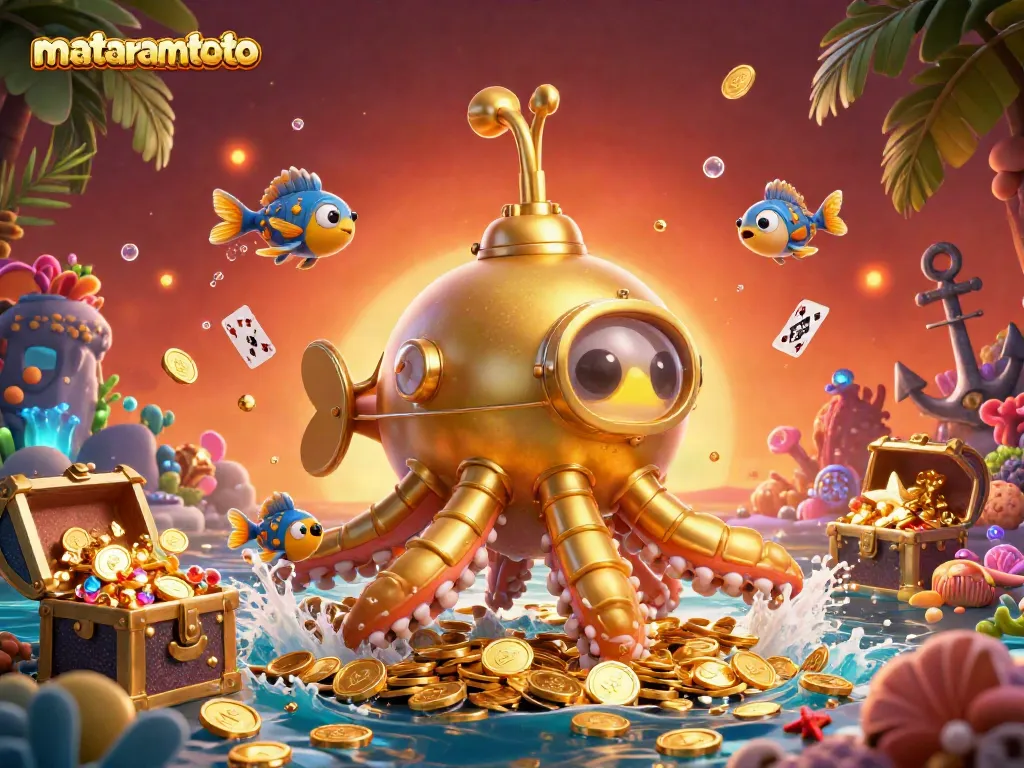 Engage in jackpot excitement with mataramtoto's vibrant underwater treasure scene filled with gold coins and playful characters.
