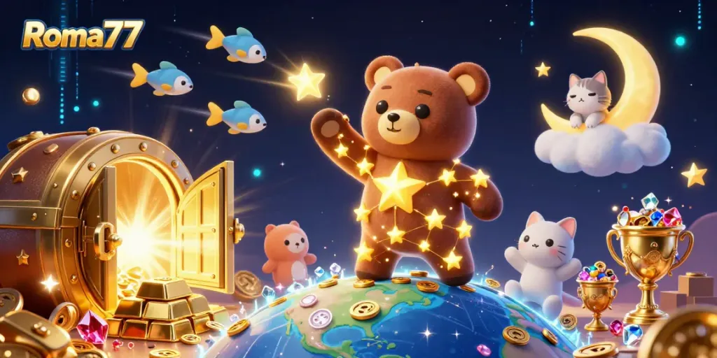 Experience the excitement of Roma77 as constellation bear collects coins amidst a colorful casino scene.