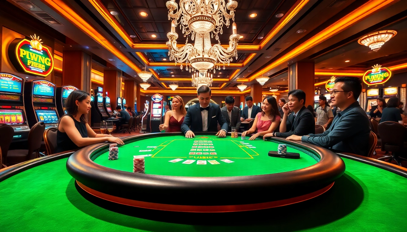 Engaging scene of players at a poker table, showcasing daftar poker excitement in a vibrant casino atmosphere.
