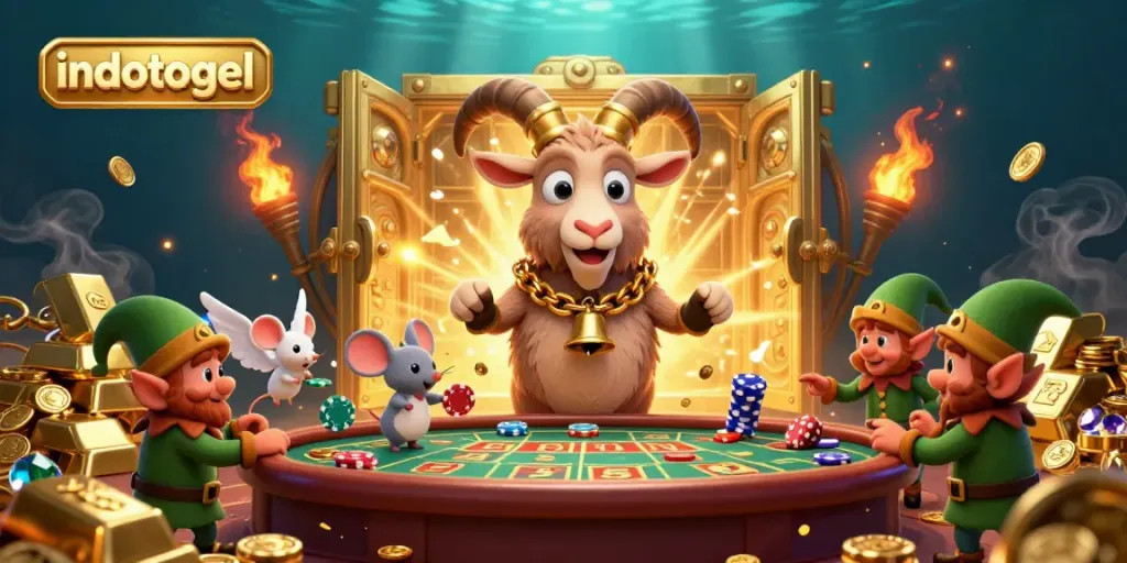 Experience excitement with indotogel as lively characters engage in a vibrant lottery casino environment.