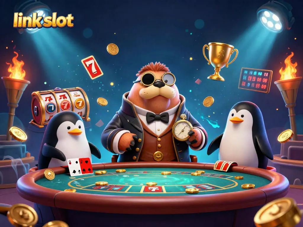 Memenangkan jackpot dengan link slot, ilustrasi kasino 3D menarik dengan pengendali hewan.