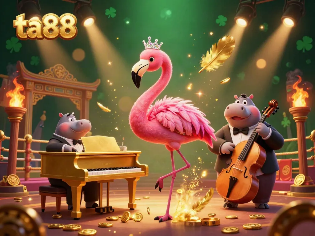 Experience the excitement of ta88 with a vibrant gaming scene featuring a flamingo singer and hippo bassist, surrounded by golden tokens and atmospheric effects.