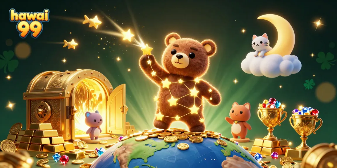 Experience the excitement of hawai 99 as dazzling coins and treasure soar in this dynamic casino-themed illustration.