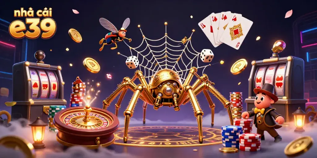 Engaging scene of nhà cái e39 featuring a steampunk spider and Victorian fly man encapsulated in a vibrant casino atmosphere.