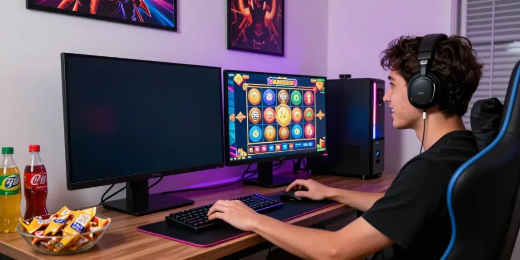 Player enjoying online slot gacor games in a vibrant gaming setup