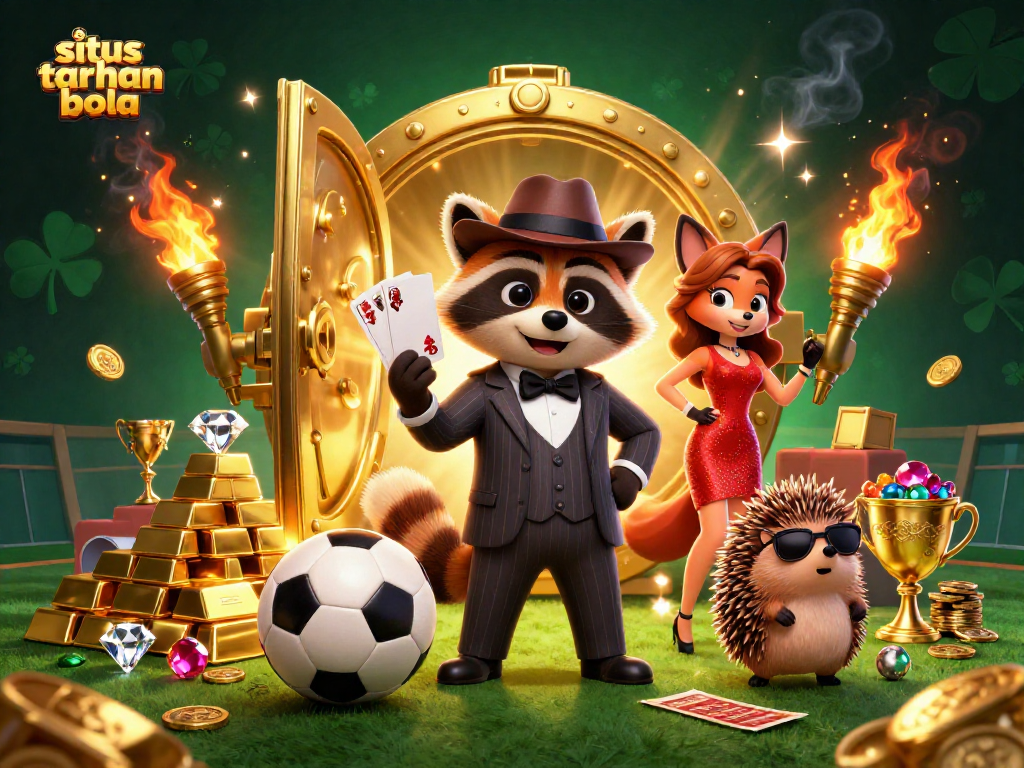 Engage in situs taruhan bola with this vibrant 3D casino illustration featuring dynamic characters and symbols of sports betting.
