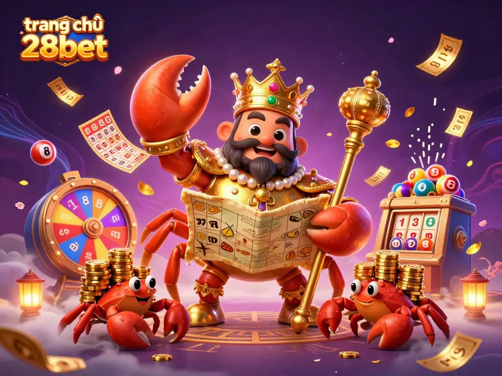 Experience the excitement on trang chủ 28bet with a vibrant 3D illustration showcasing the golden crab emperor and dynamic lottery elements.