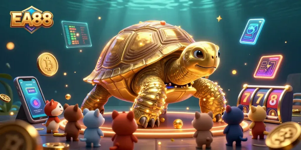 Engage with EA88's vibrant slot experience featuring a colossal tortoise pinball machine and cryptocurrency elements.
