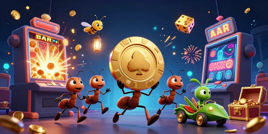 Pemain dalam bandar togel online mengangsurkan chip poker emas sambil dikelilingi mesin slot, koin, dan lampu berkilau.