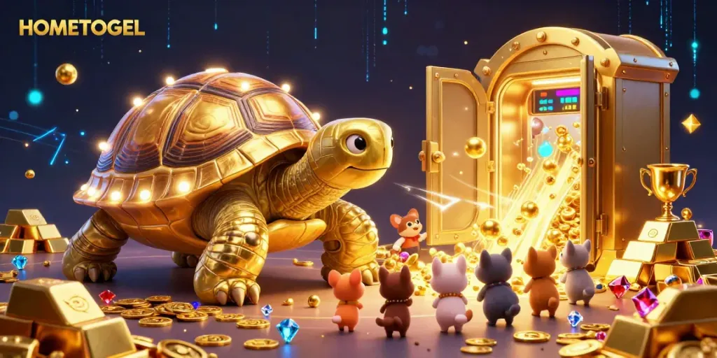 Engage with HOMETOGEL's casino-inspired joyous scene featuring a colossal golden tortoise and treasures.