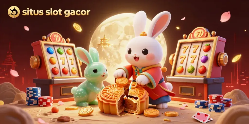 Experience situs slot gacor in a vibrant 3D moonlit casino scene with playful characters, slot reels, and chips.