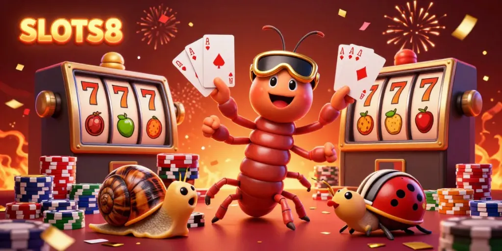 Experience the vibrant casino energy with SLOTS8, featuring dynamic characters playing cards and slot reels.