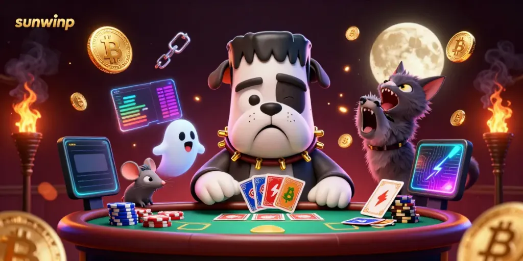 Experience interactive gaming with sunwinp at a spooky casino table where a Frankenstein bulldog deals cards.