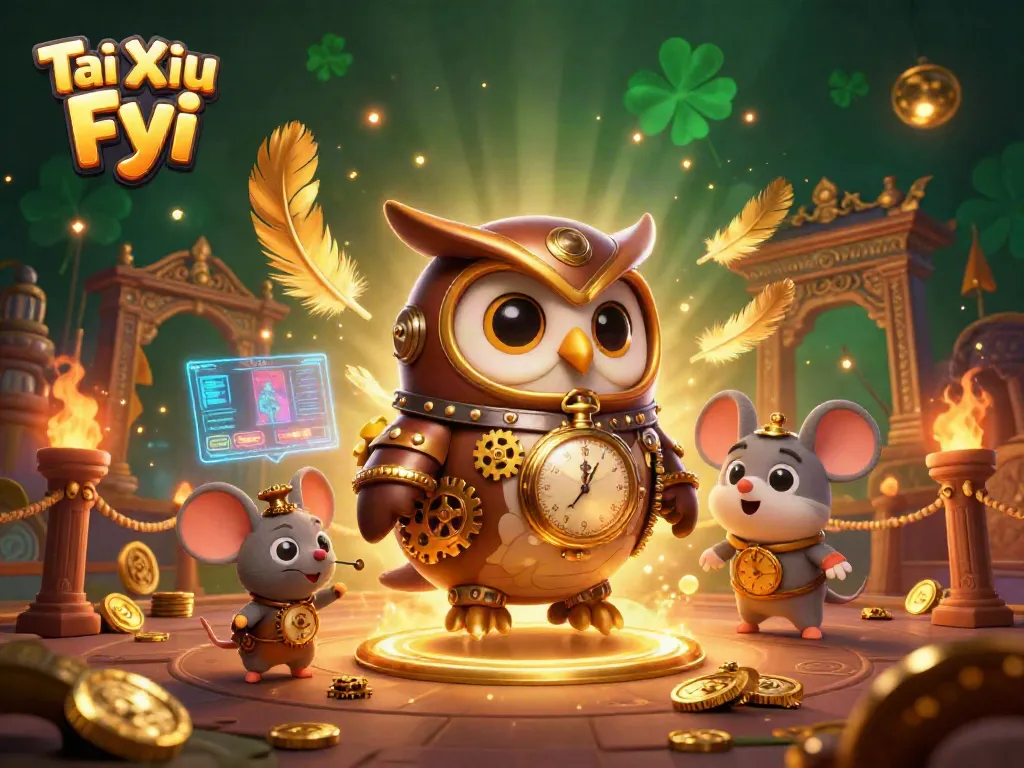 Tài Xỉu Fyi features a time-traveling owl and clockwork mouse in a dynamic steampunk casino scene.