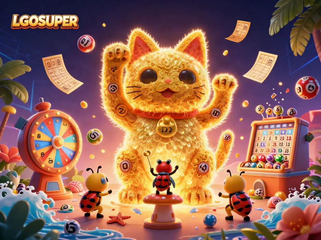 Engage with LGOSUPER's dynamic world of casino fun, showcasing vibrant games and a lucky cat.