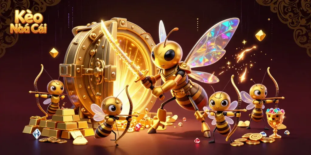 Kèo Nhà Cái themed 3D illustration showcasing a samurai hornet warrior with golden treasure elements