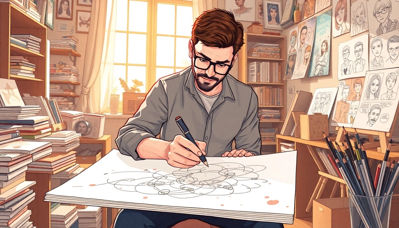 Gambar komikcast menunjukkan seniman komik sedang menggambar dengan penuh konsentrasi.