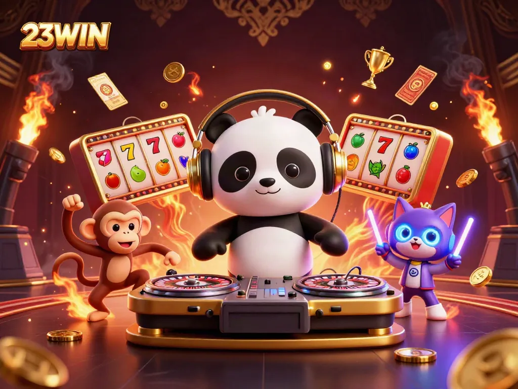 Experience thrilling fun with 23WIN slot elements in a vibrant, animated casino scene.