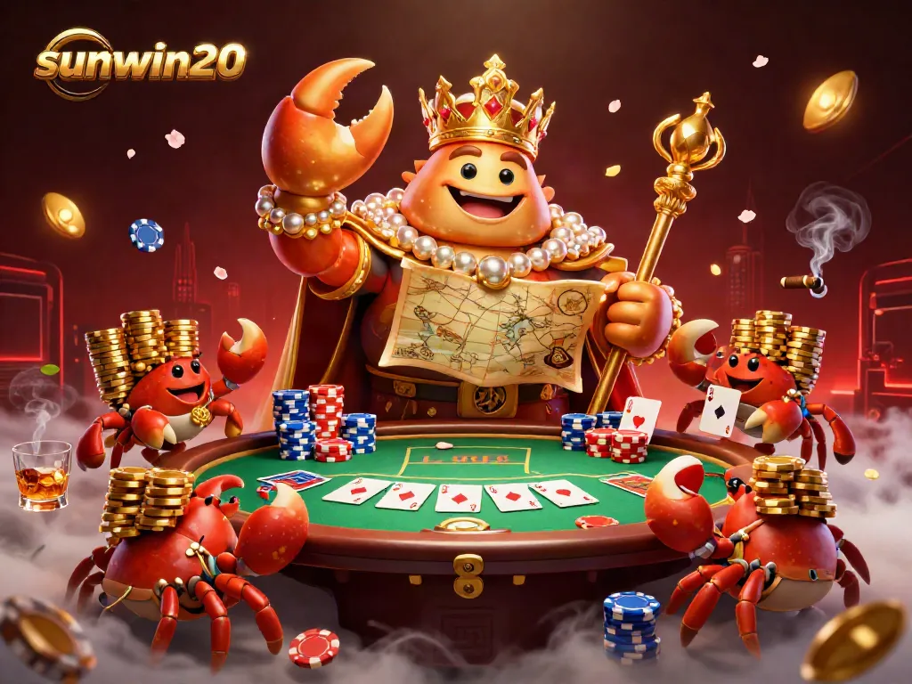 Engage with the vibrant sunwin20 gaming world featuring a golden crab emperor amidst poker elements.